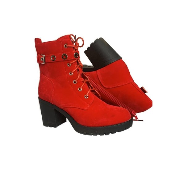 Koi Animal Friendly Suede Lace Up Zipper Rubber Sole Biker Ankle Boots Red - Picture 8 of 8